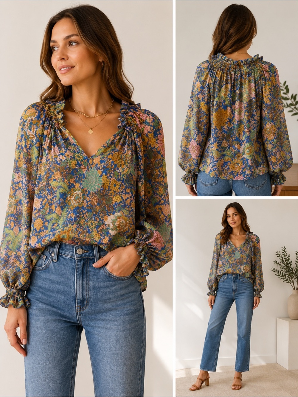 Gilner Farrar Blue Floral Ruffle Blouse XS Romantic Balloon Sleeve Viscose Top